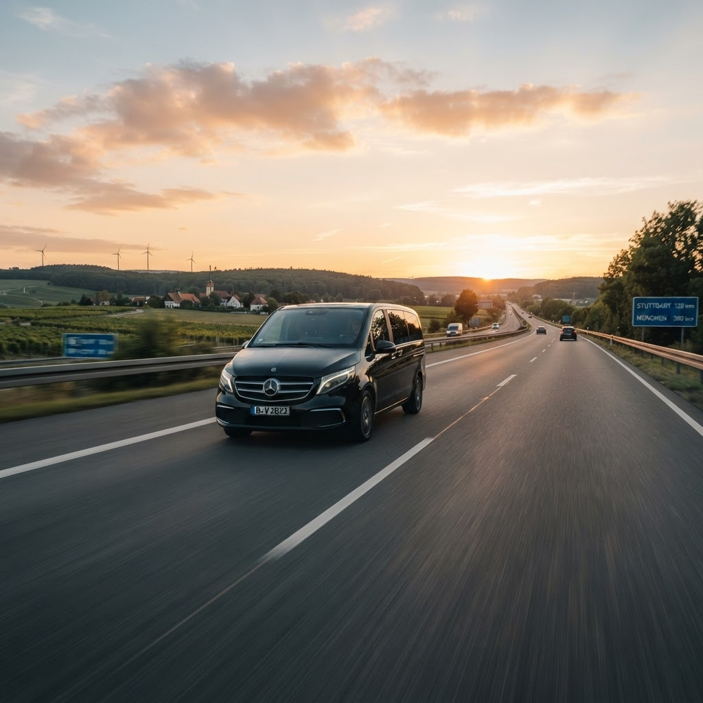 Minivan premium pe autostradă către aeroport